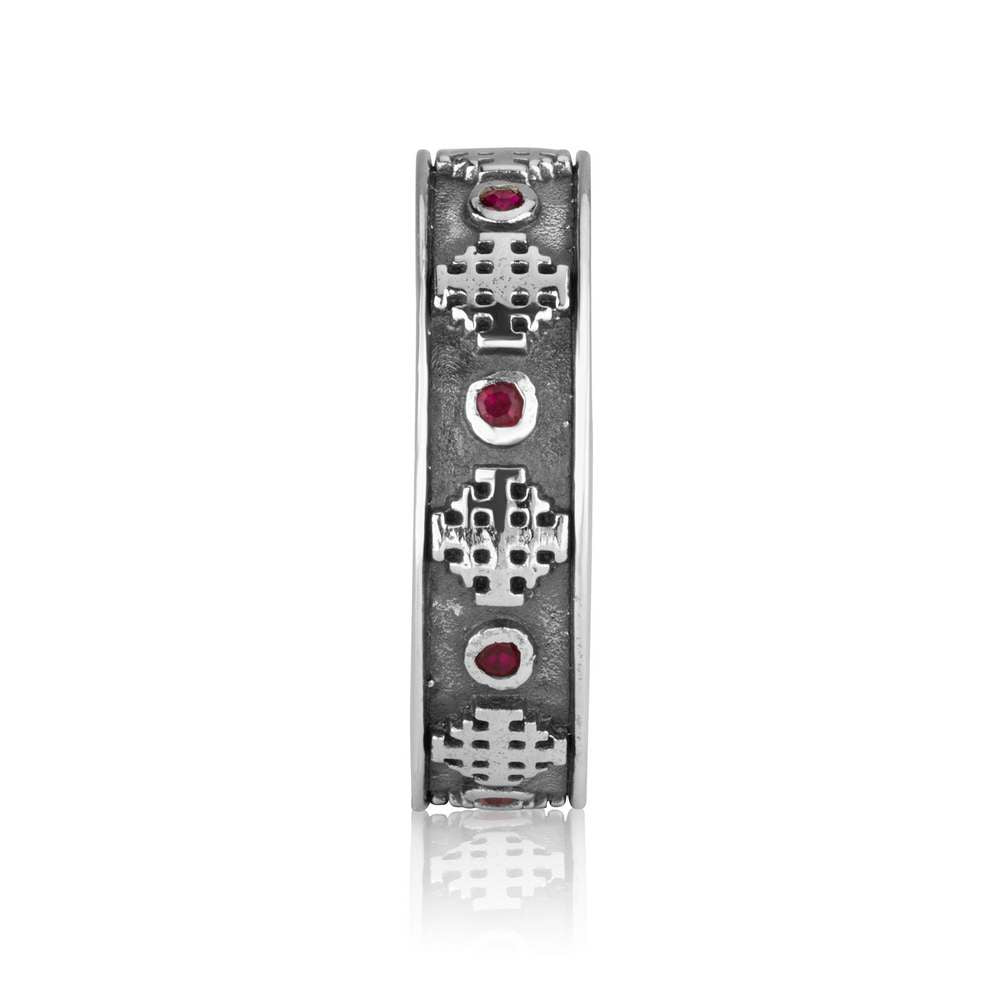 Engraved Sterling Silver Ring with Jerusalem Inscription and Ruby Stones