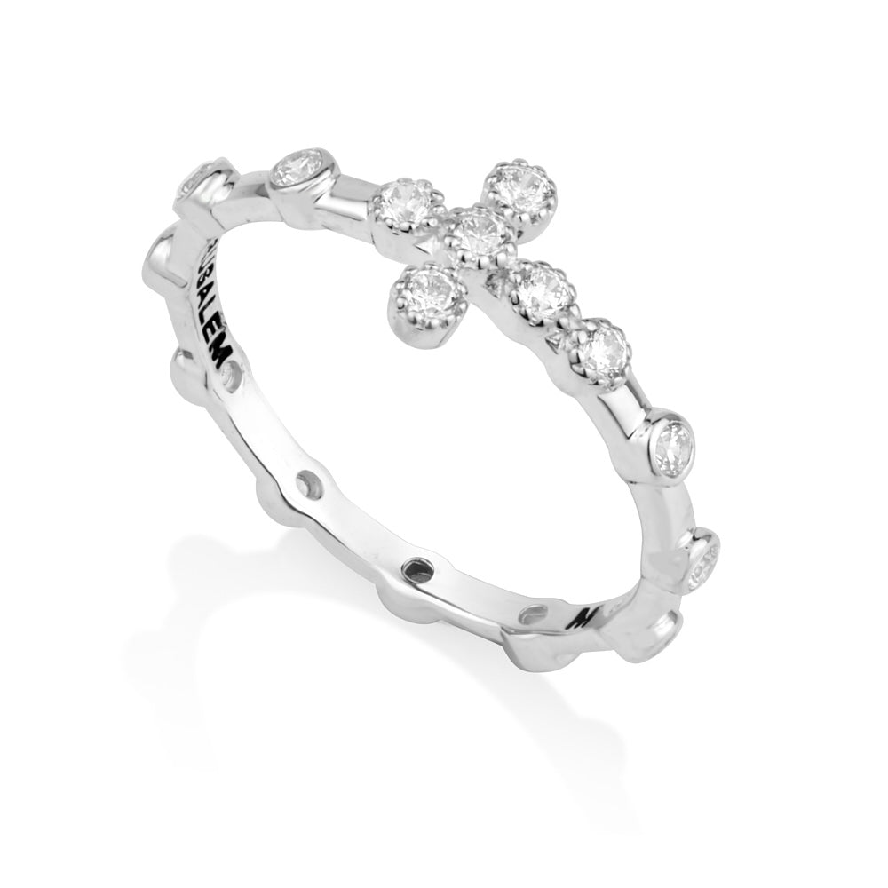 Zircon Cross Rosary Eternity Ring - Sterling Silver - Marina Jewelry Holy Land