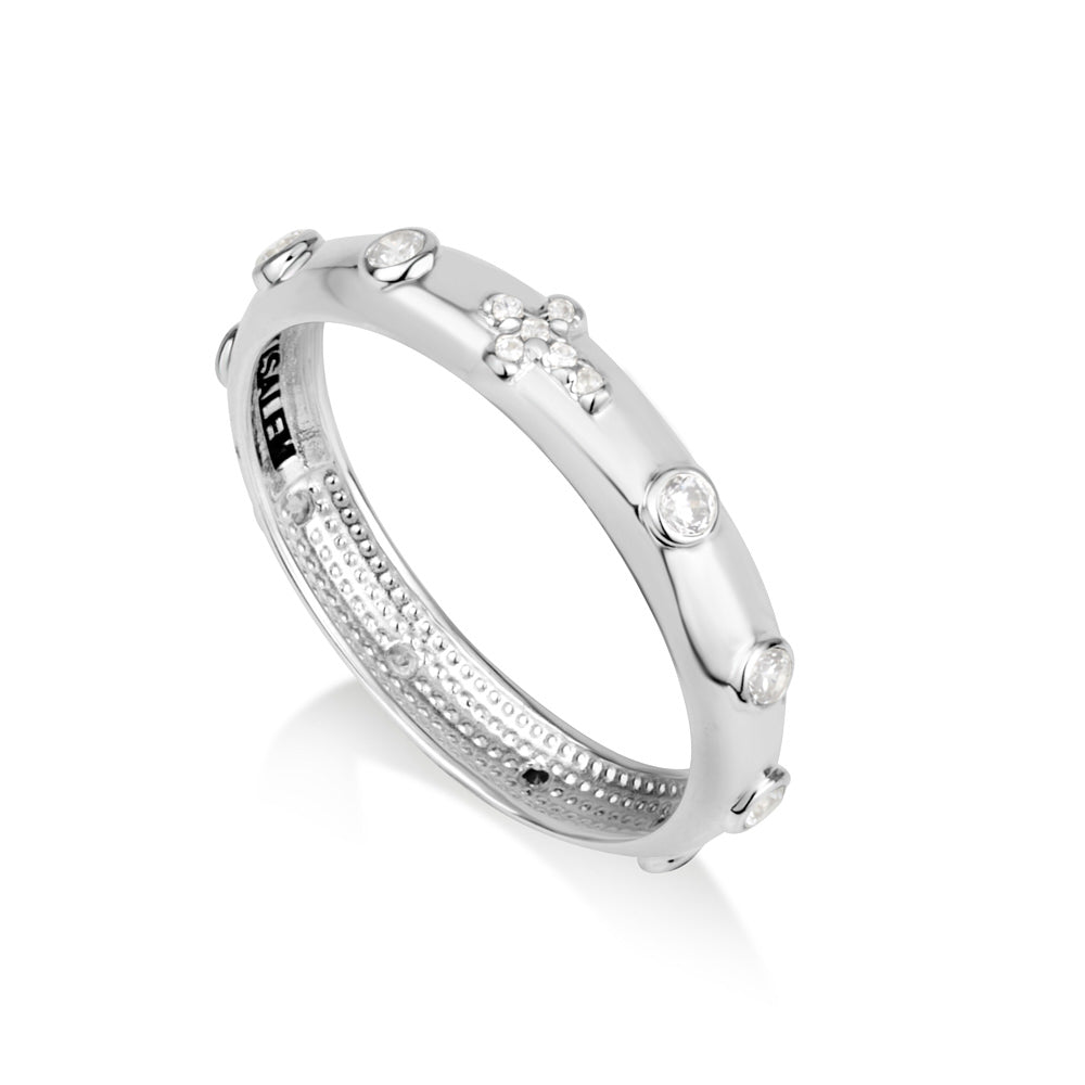 Zircon Rosary Cross Ring - Sterling Silver Bead Band - Marina Jewelry Holy Land