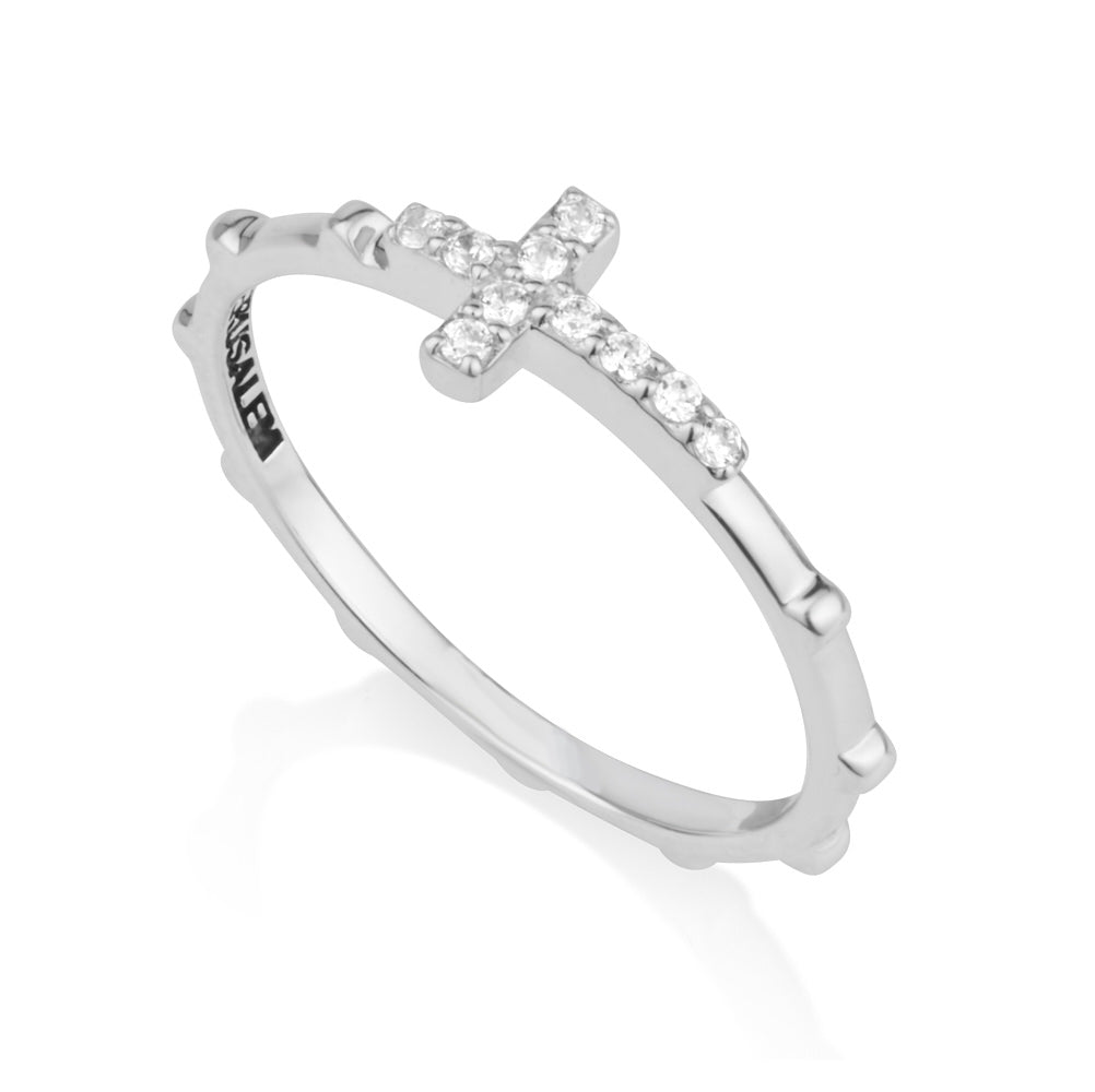 Zircon Cross Rosary Band Ring - Sterling Silver - Marina Jewelry Holy Land