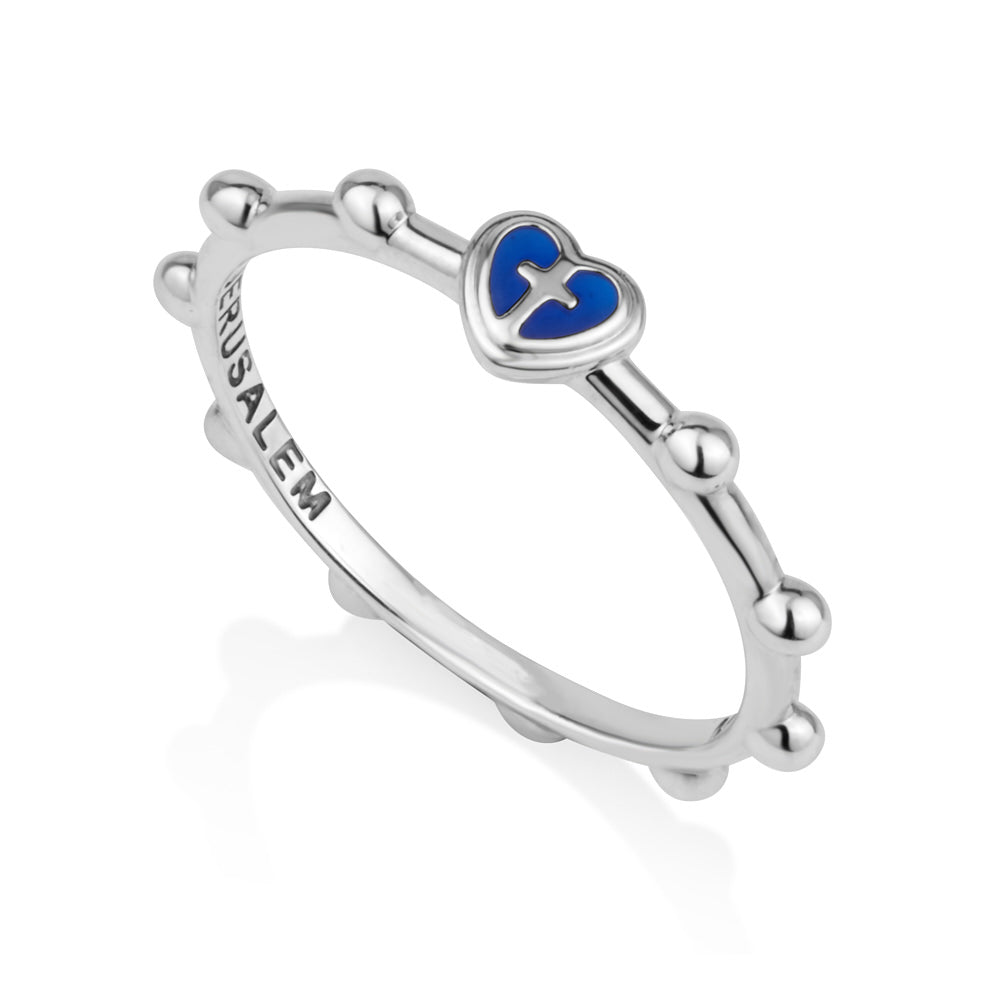 Blue Enamel Heart Cross Rosary Ring - Sterling Silver - Marina Jewelry Holy Land