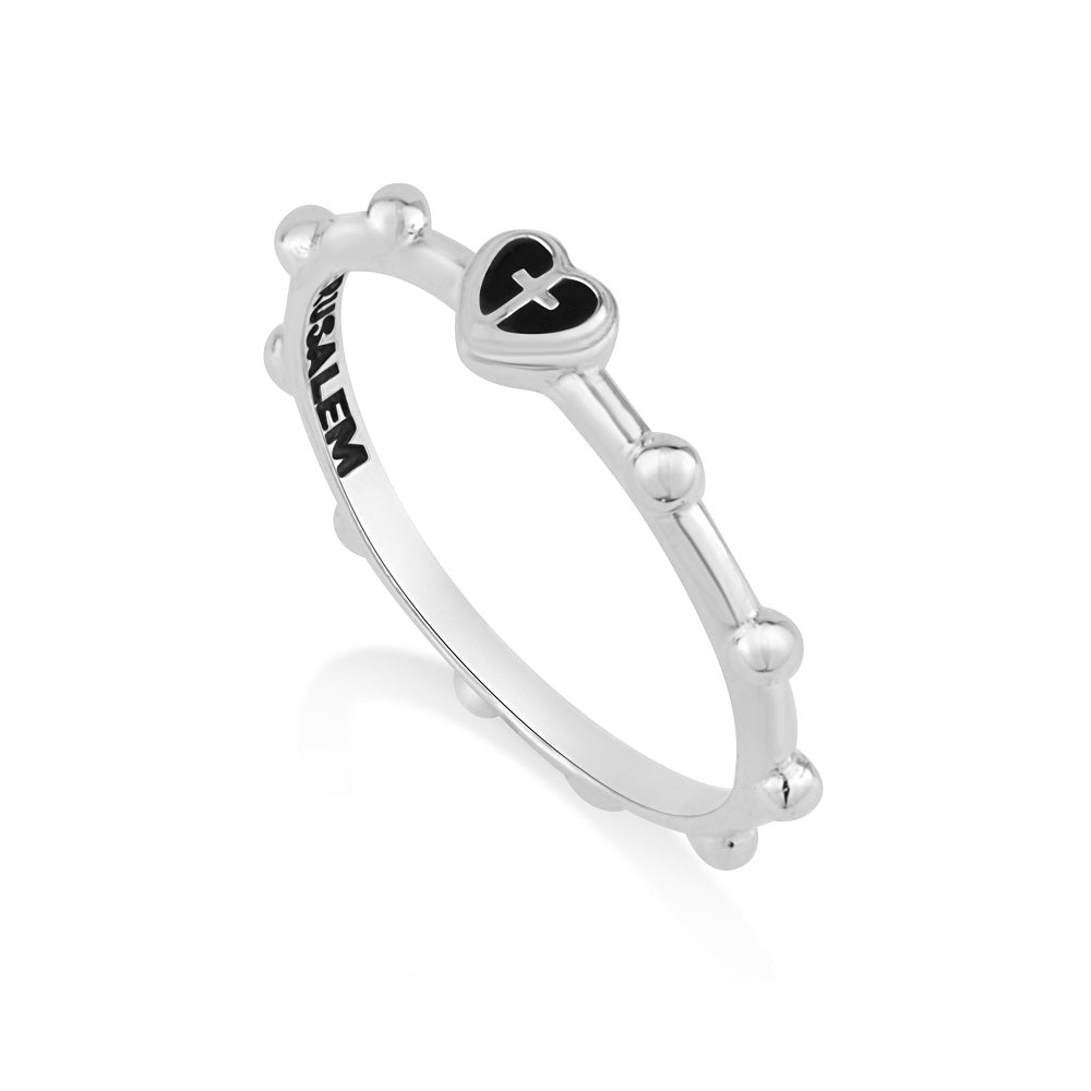 Black Enamel Heart Cross Rosary Ring - Sterling Silver - Marina Jewelry Holy Land
