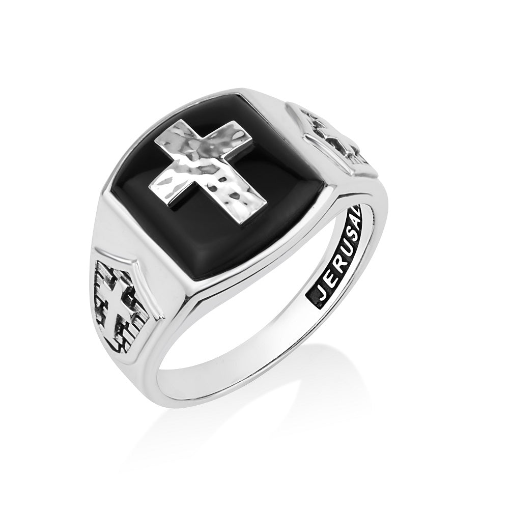 Men's Onyx Signet Ring - Hammered Latin Cross, Sterling Silver - Marina Jewelry
