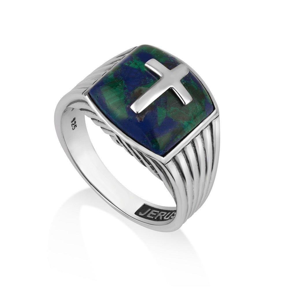 Eilat Stone Cross Signet Ring Sterling Silver 925 Holy Land - Marina Jewelry