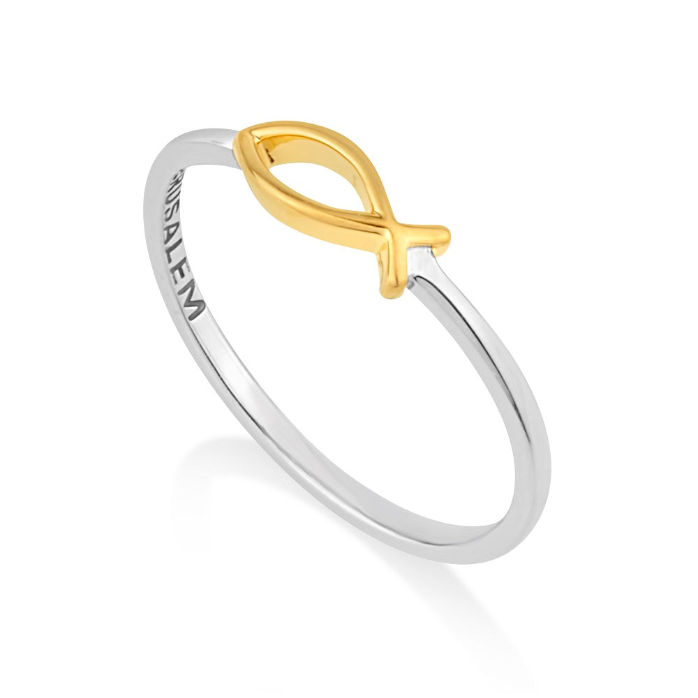 Ichthus Fish Ring Gold Plated Sterling Silver Holy Land - Marina Jewelry
