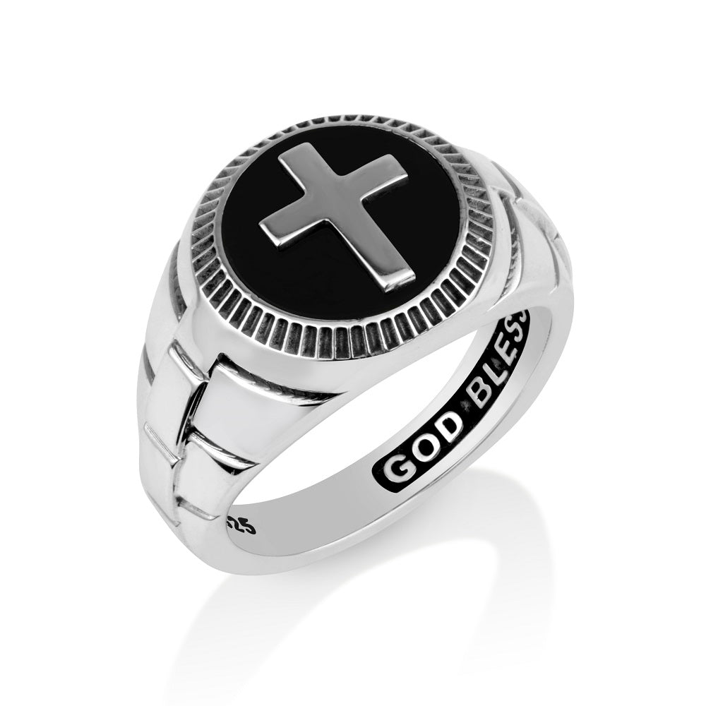 Onyx Cross Signet Ring God Bless - Sterling Silver 925, Holy Land - Marina Jewelry Holy Land