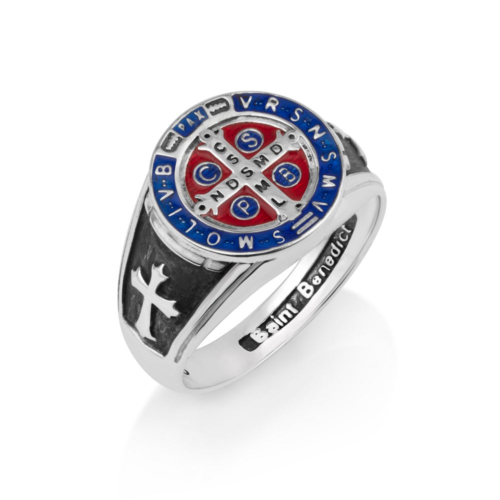 Saint Benedict Signet Ring Blue Red Enamel - Sterling Silver 925, Holy Land - Marina Jewelry Holy Land