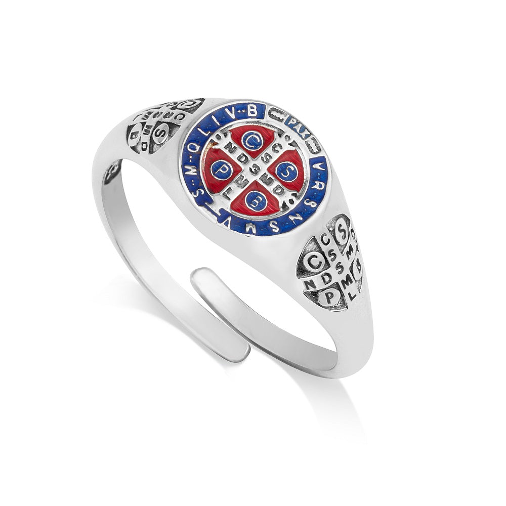 Saint Benedict Ring Blue Red Enamel Adjustable - Sterling Silver 925, Holy Land - Marina Jewelry Holy Land