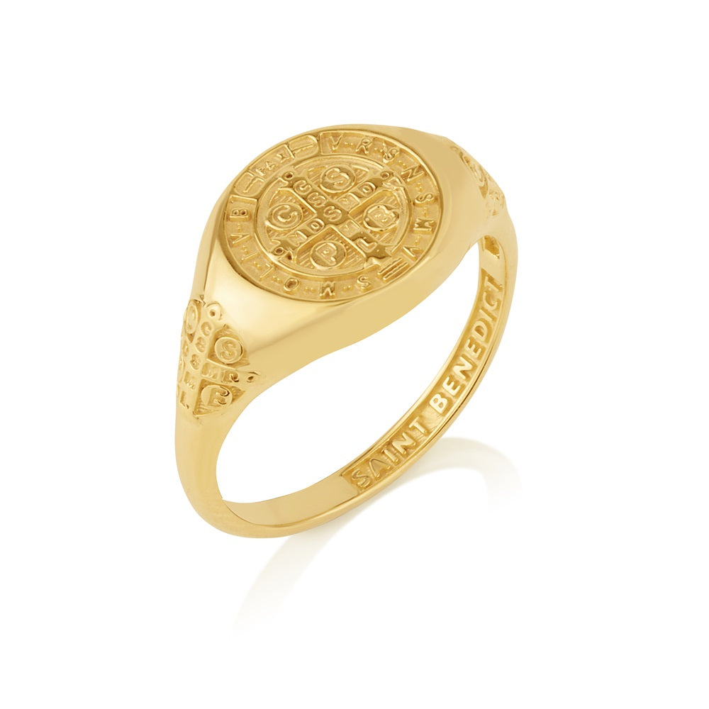 Saint Benedict Oval Signet Ring Gold - Gold Plated Sterling Silver, Holy Land - Marina Jewelry Holy Land