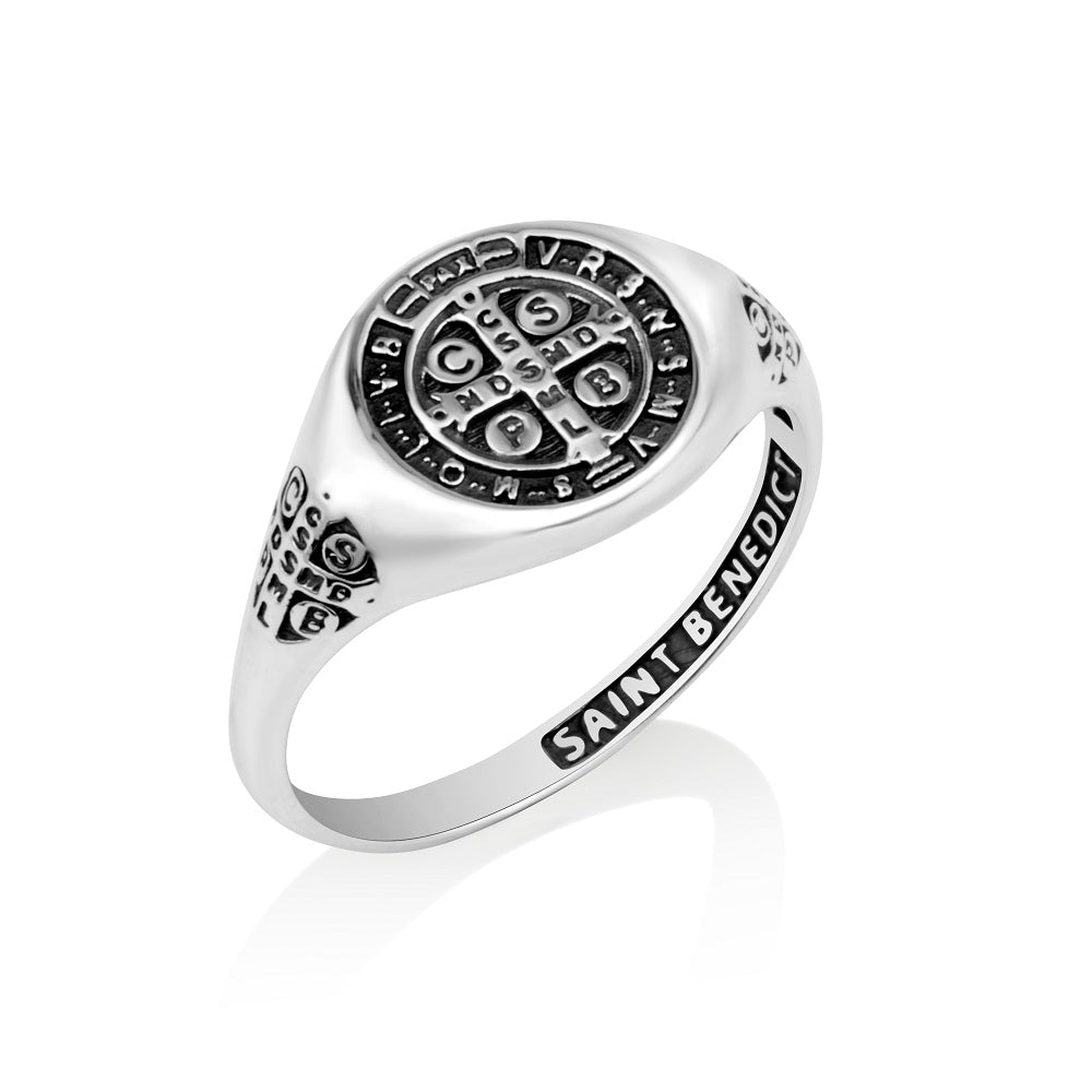 Saint Benedict Oval Signet Ring Silver - Sterling Silver 925, Holy Land - Marina Jewelry Holy Land