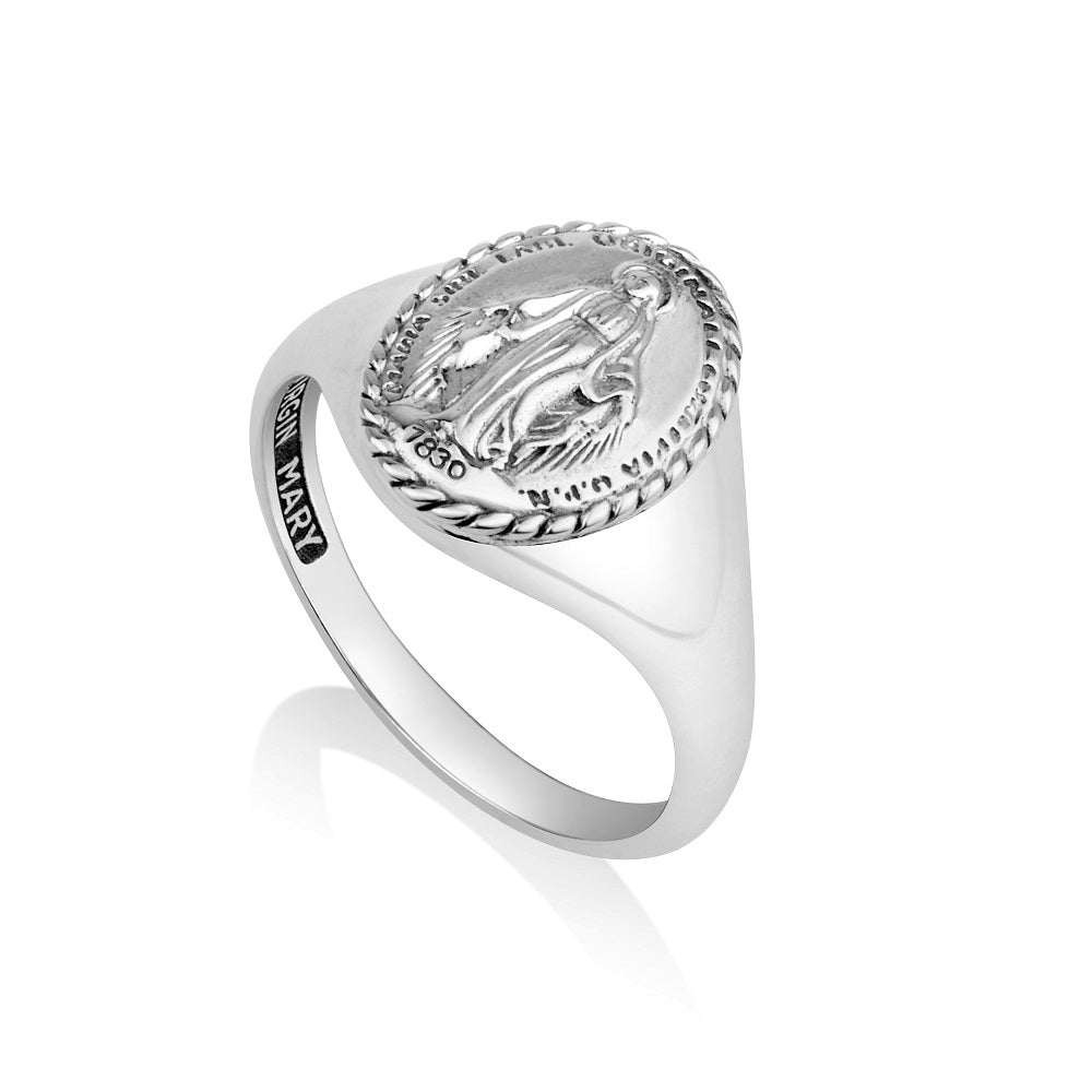 Miraculous Medal Signet Ring Rope Border - Sterling Silver 925, Holy Land - Marina Jewelry Holy Land