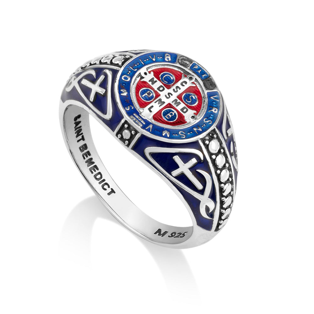 Saint Benedict Dome Ring Blue Red Enamel Wide - Sterling Silver 925, Holy Land - Marina Jewelry Holy Land