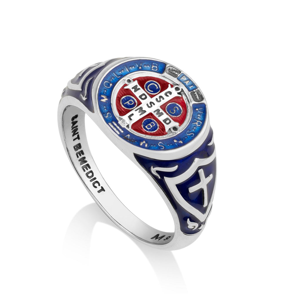 Saint Benedict Dome Ring Blue Red Enamel - Sterling Silver 925, Holy Land - Marina Jewelry Holy Land