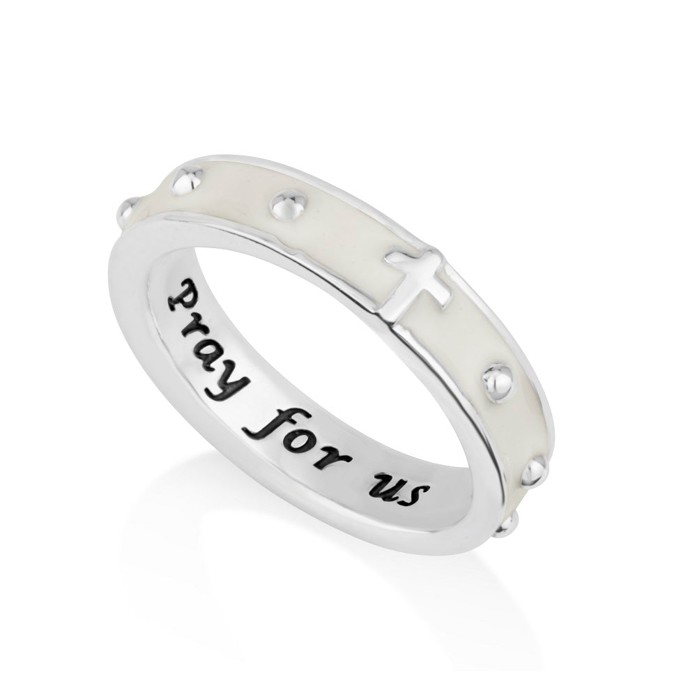 Rosary Band Ring White Enamel - Sterling Silver 925, Holy Land - Marina Jewelry Holy Land