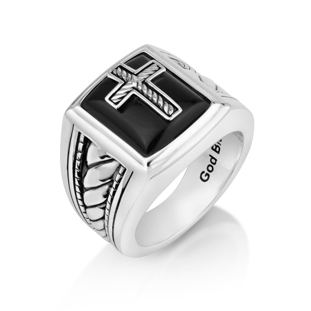 Men's Onyx Cross Signet Ring - Rope-Twist - Sterling Silver - Marina Jewelry Holy Land