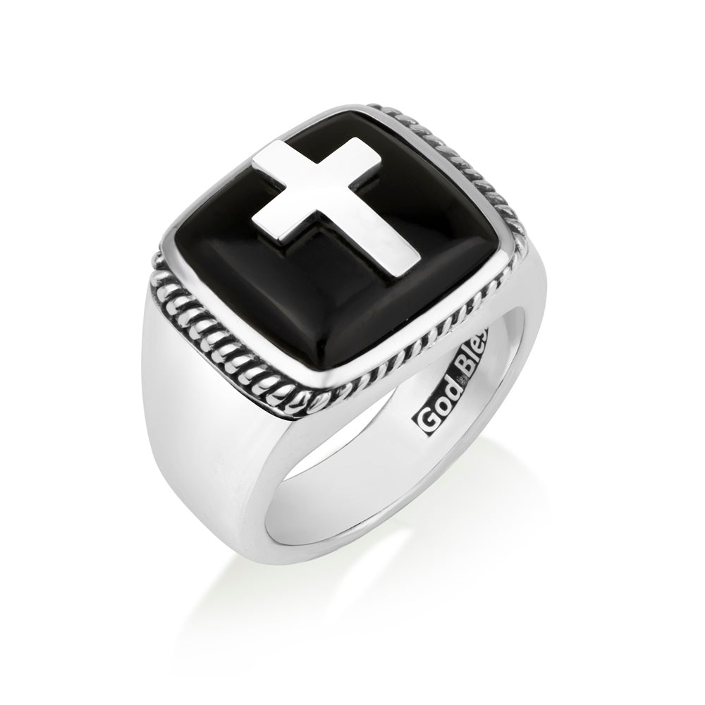 Men's Onyx Cross Signet Ring - Polished - Sterling Silver - Marina Jewelry Holy Land