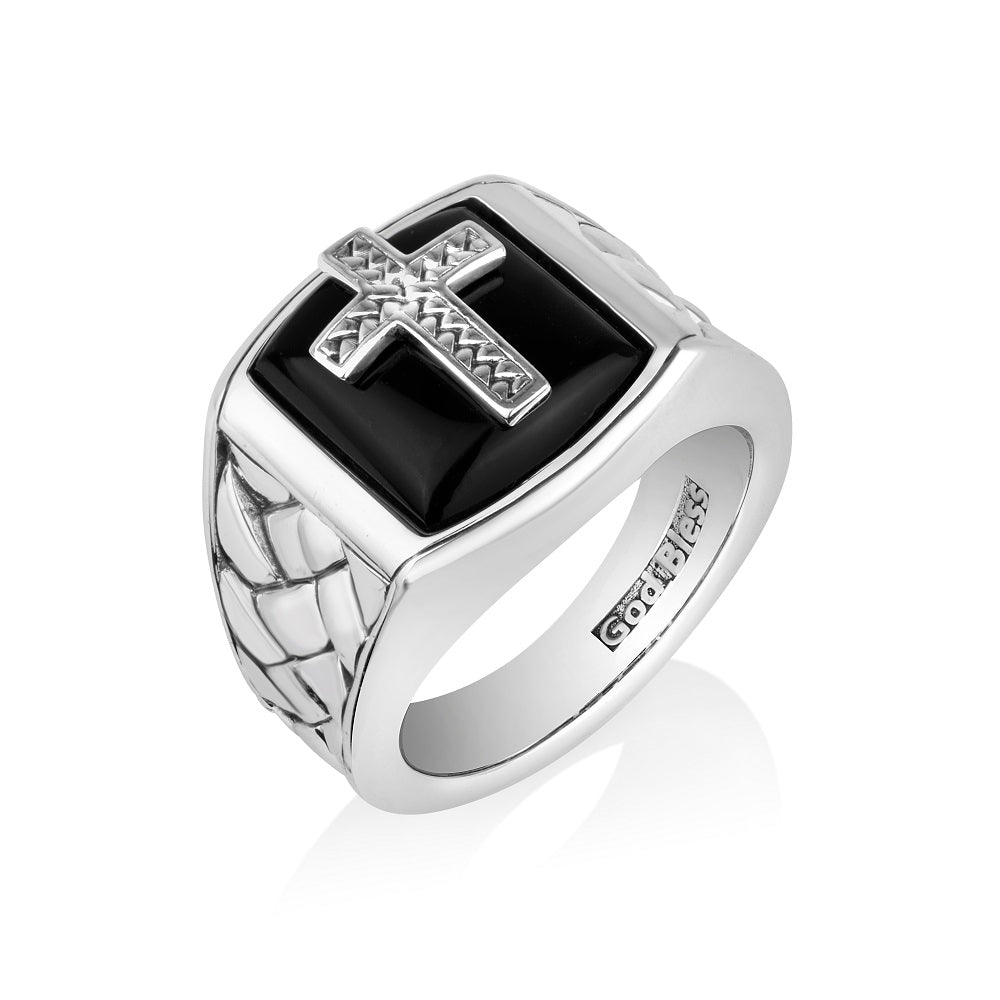 Men's Onyx Cross Signet Ring - Diamond-Cut - Sterling Silver - Marina Jewelry Holy Land