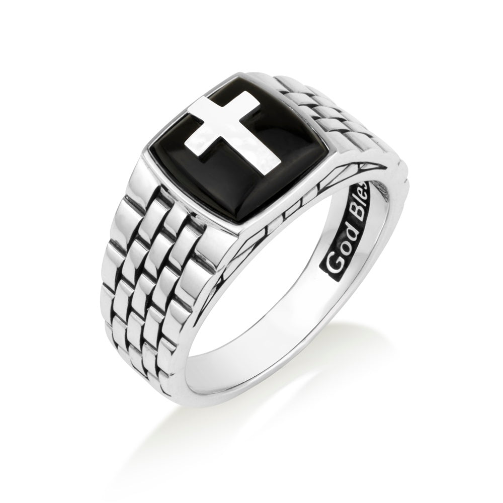 Men's Onyx Cross Signet Ring - Watch-Link Band - Sterling Silver - Marina Jewelry Holy Land