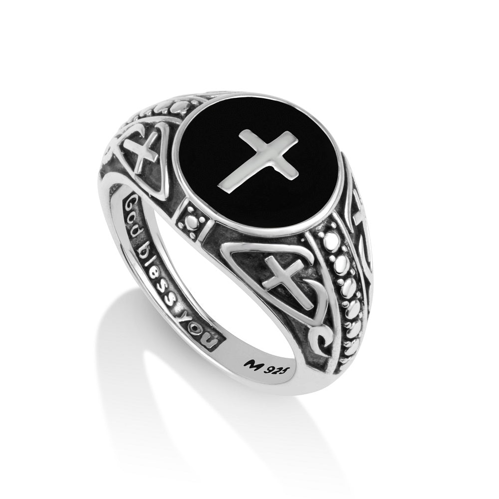 Men's Onyx Cross Signet Ring - Filigree Shoulders - Sterling Silver - Marina Jewelry Holy Land