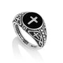 Men's Onyx Cross Signet Ring - Filigree Shoulders - Sterling Silver - Marina Jewelry Holy Land