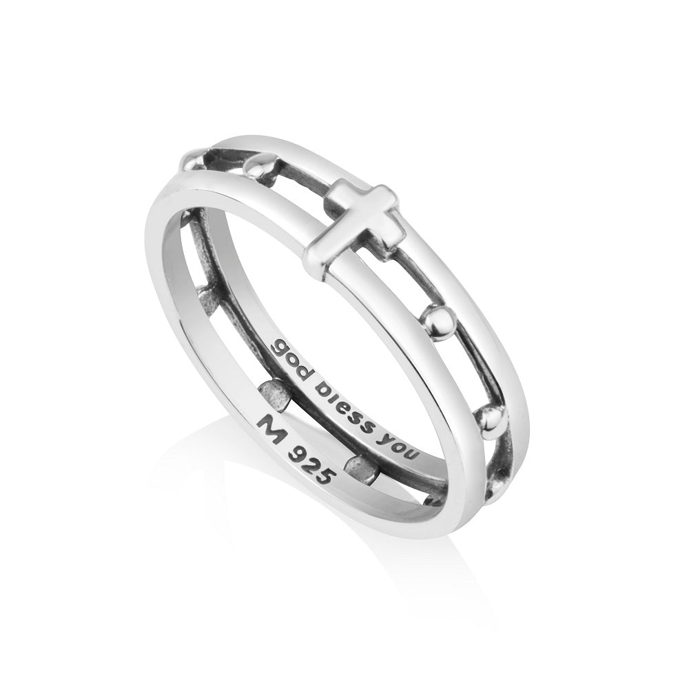 Double-Rail Cross Rosary Ring - Sterling Silver Open Band - Marina Jewelry Holy Land