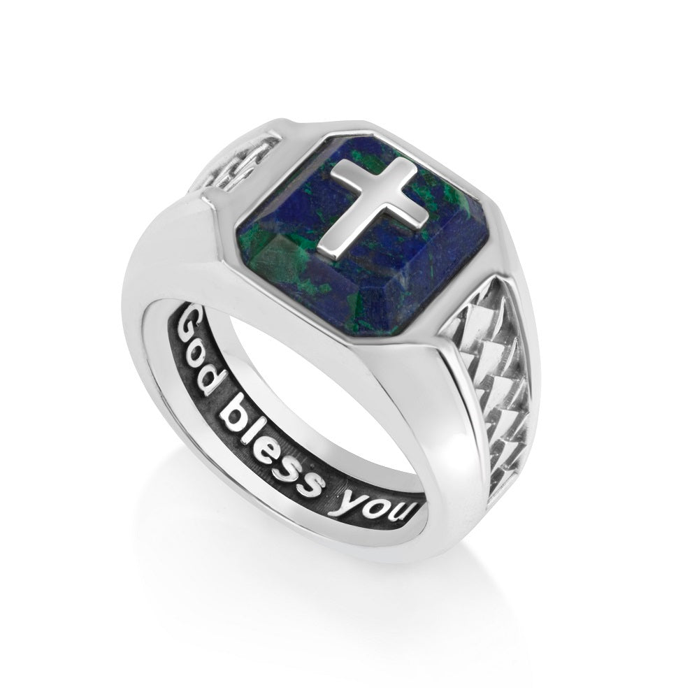 Men's Eilat Stone Cross Signet Ring - Octagonal - Sterling Silver - Marina Jewelry Holy Land