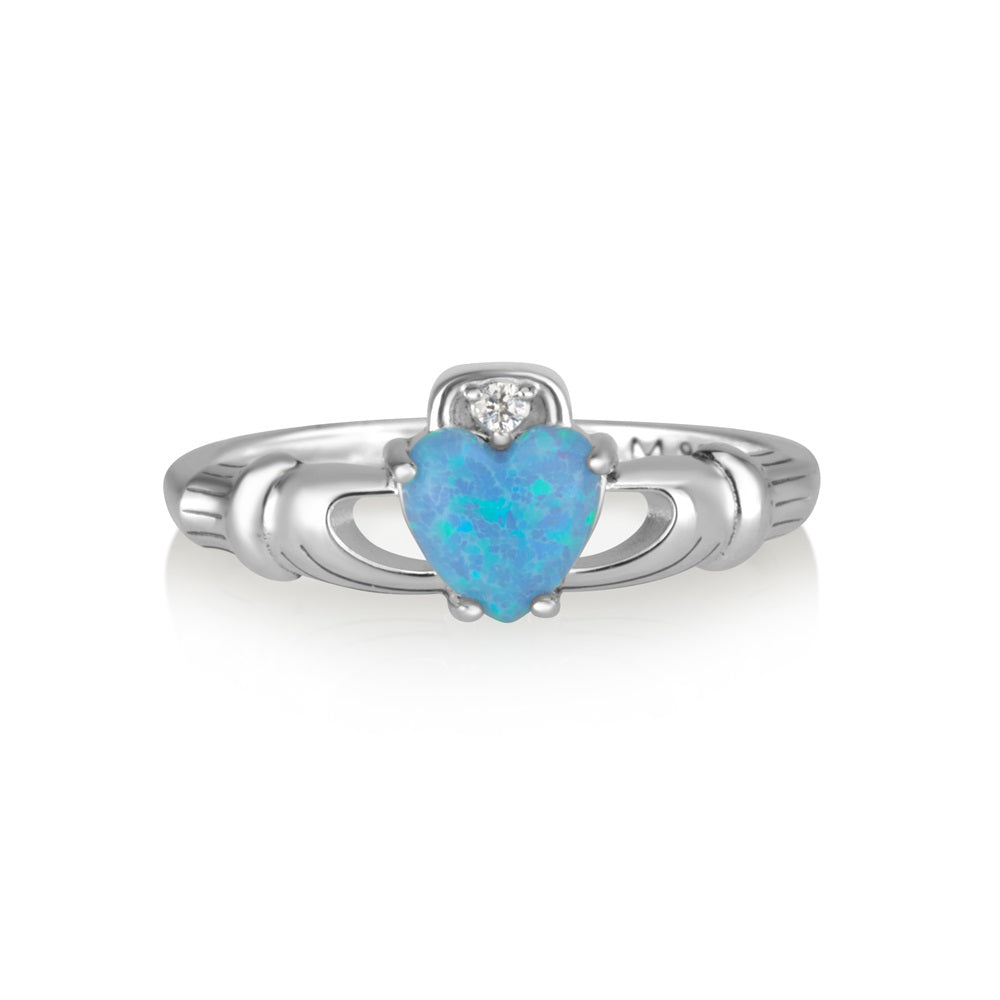 Blue Opal Claddagh Ring - Sterling Silver 925, blue opal heart with white zircon crown. Handcrafted in Jerusalem since 1983.