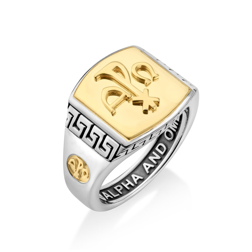 Men's Alpha Omega Chi-Rho Signet Ring - Two-Tone - Marina Jewelry Holy Land