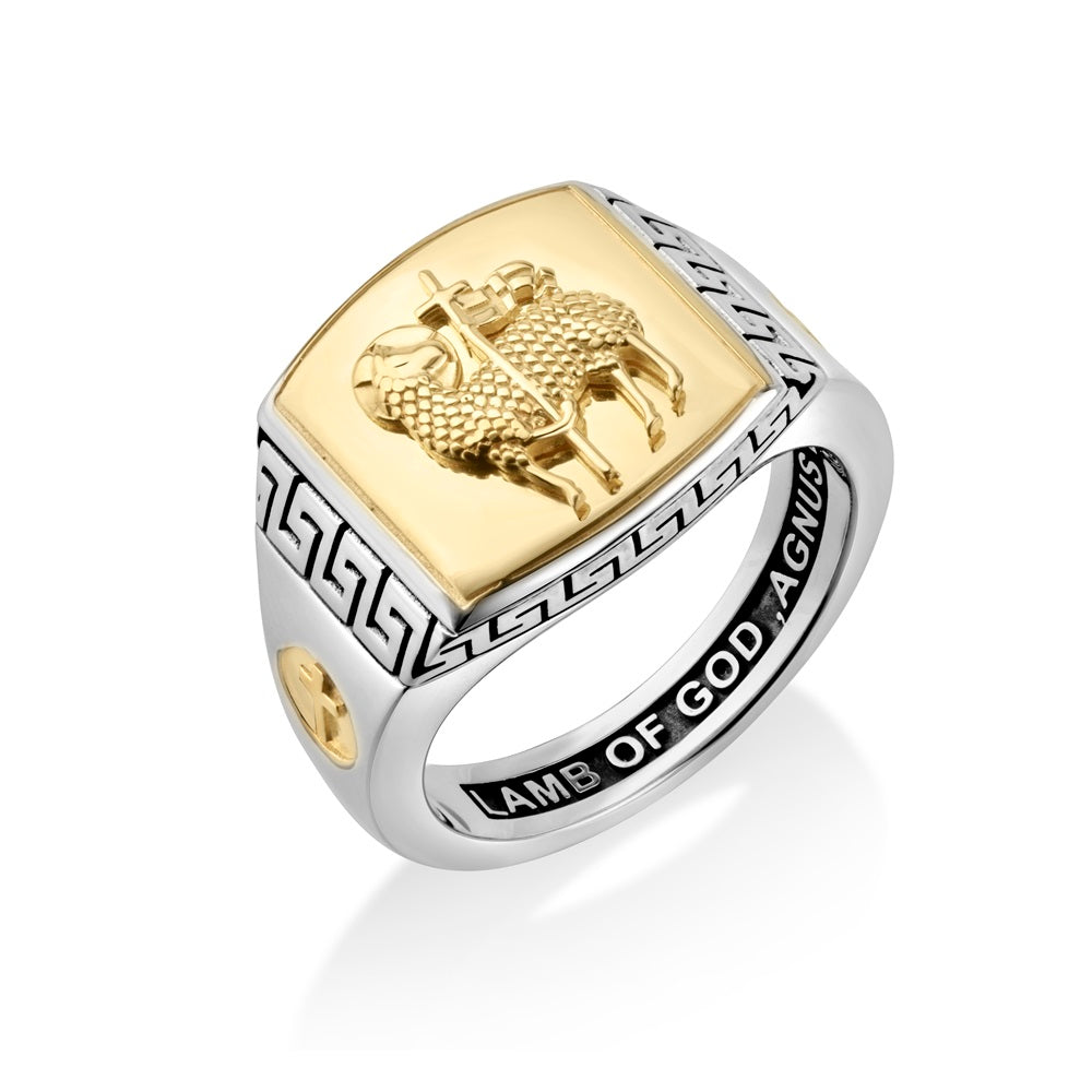 Men's Agnus Dei Lamb of God Signet Ring - Two-Tone - Marina Jewelry Holy Land