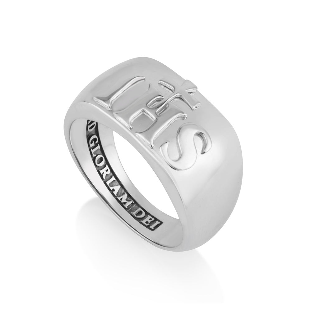JHS Christogram Wide Dome Ring - Sterling Silver - Marina Jewelry Holy Land