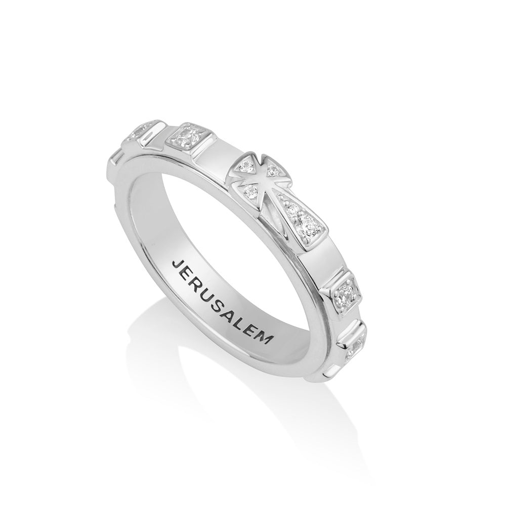CZ Cross Geometric Rosary Band Ring - Sterling Silver - Marina Jewelry Holy Land