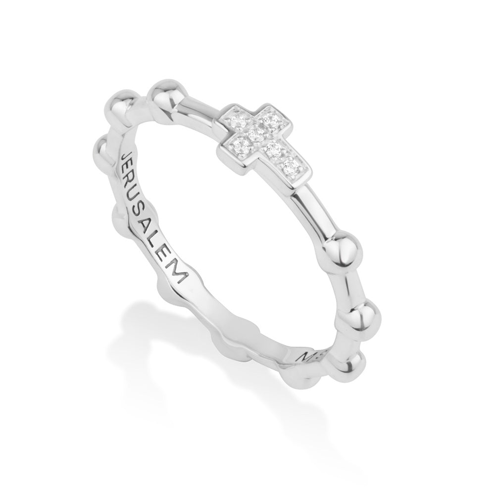 CZ Pavé Cross Round Bead Rosary Ring - Sterling Silver - Marina Jewelry Holy Land