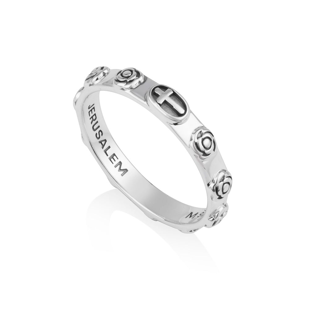 Rose Cross Slim Rosary Ring - Sterling Silver - Marina Jewelry Holy Land