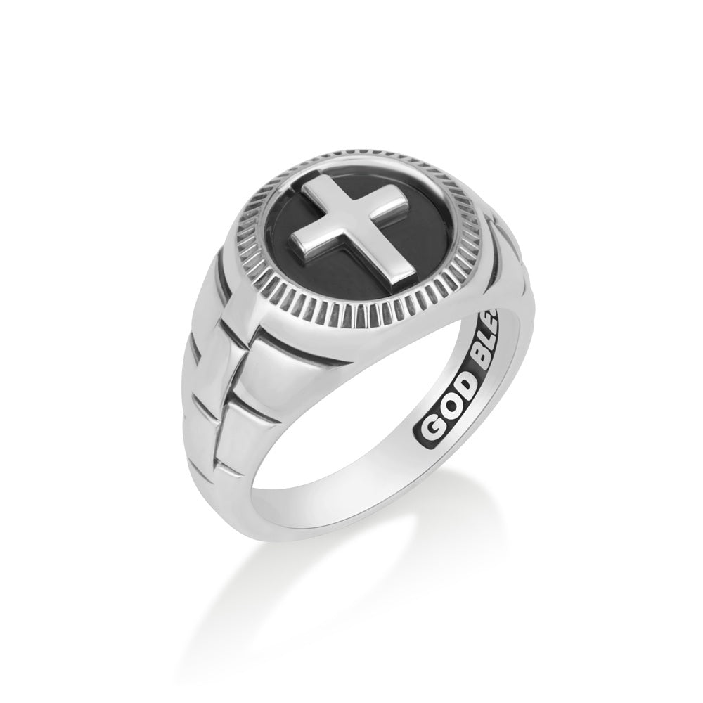 Men's Onyx Cross Signet Ring - Coin-Edge - Sterling Silver - Marina Jewelry Holy Land
