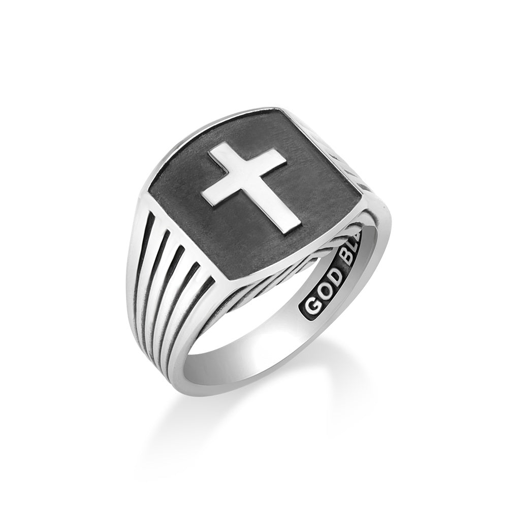 Men's Cross Signet Ring - Oxidized Striped - Sterling Silver - Marina Jewelry Holy Land