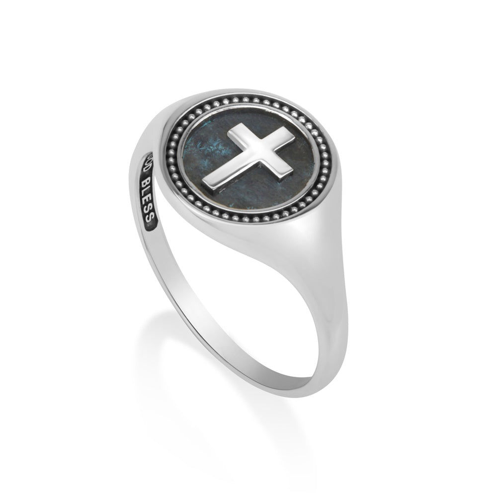 Women's Cross Signet Ring - Blue Patina - Sterling Silver - Marina Jewelry Holy Land