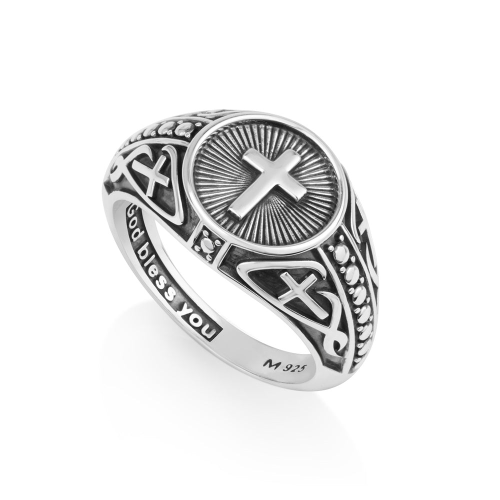 Men's Cross Sunburst Signet Ring - Sterling Silver Filigree - Marina Jewelry Holy Land