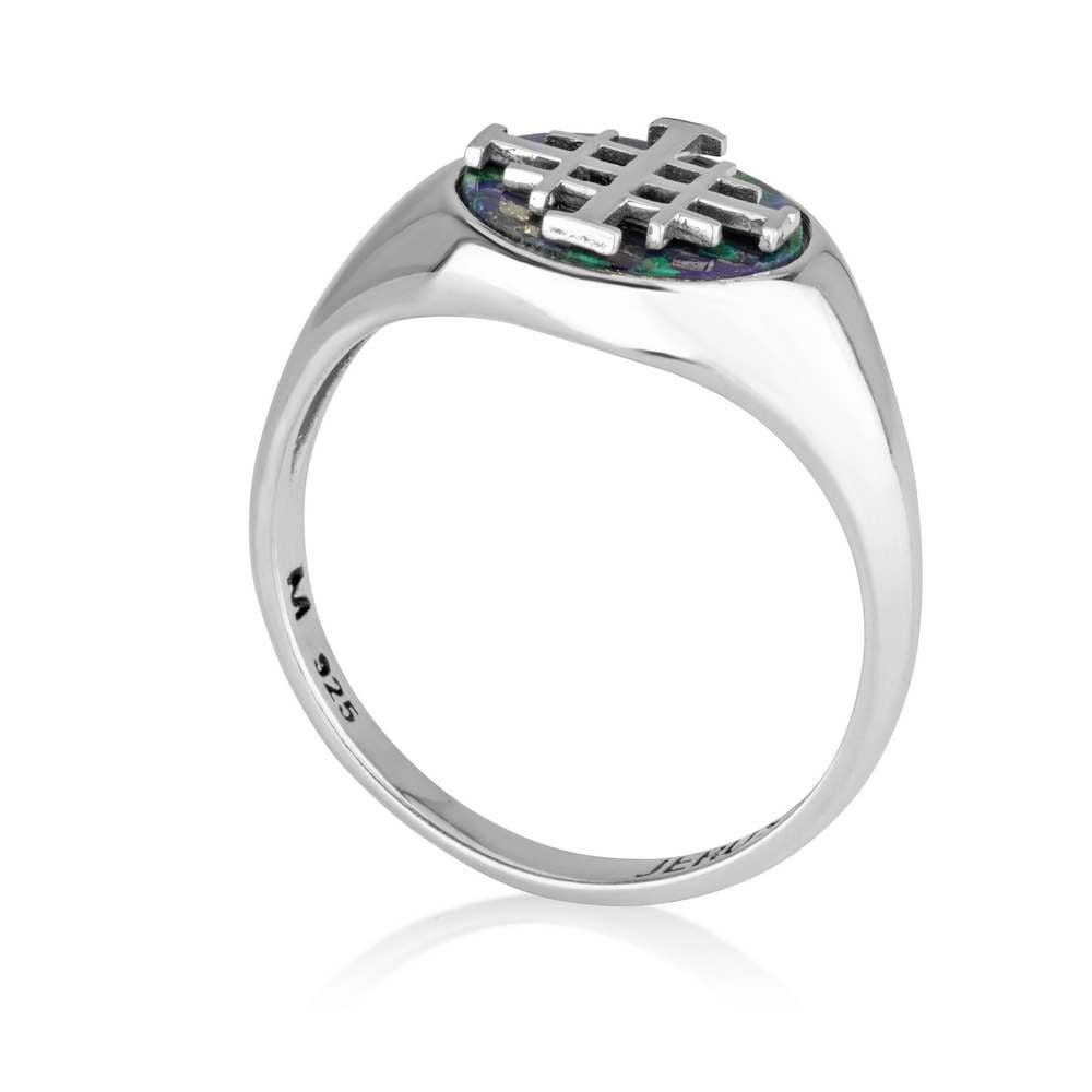 Ring with the Eilat Azurite Stone and Engraved Jerusalem Cross