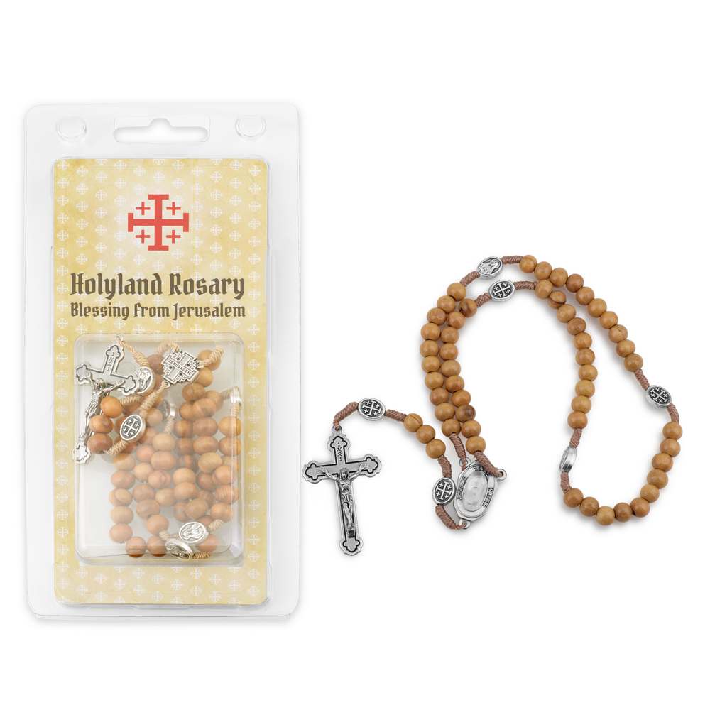 Olive wood rosary Jerusalem Cross crucifix Holy Land prayer card - Marina Jewelry