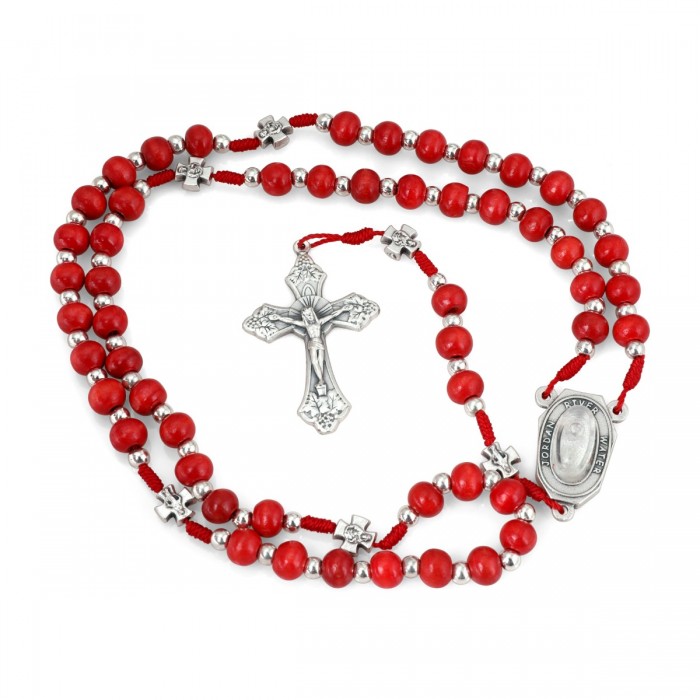 Red olive wood rosary Jordan River crucifix Holy Land prayer card set - Marina Jewelry