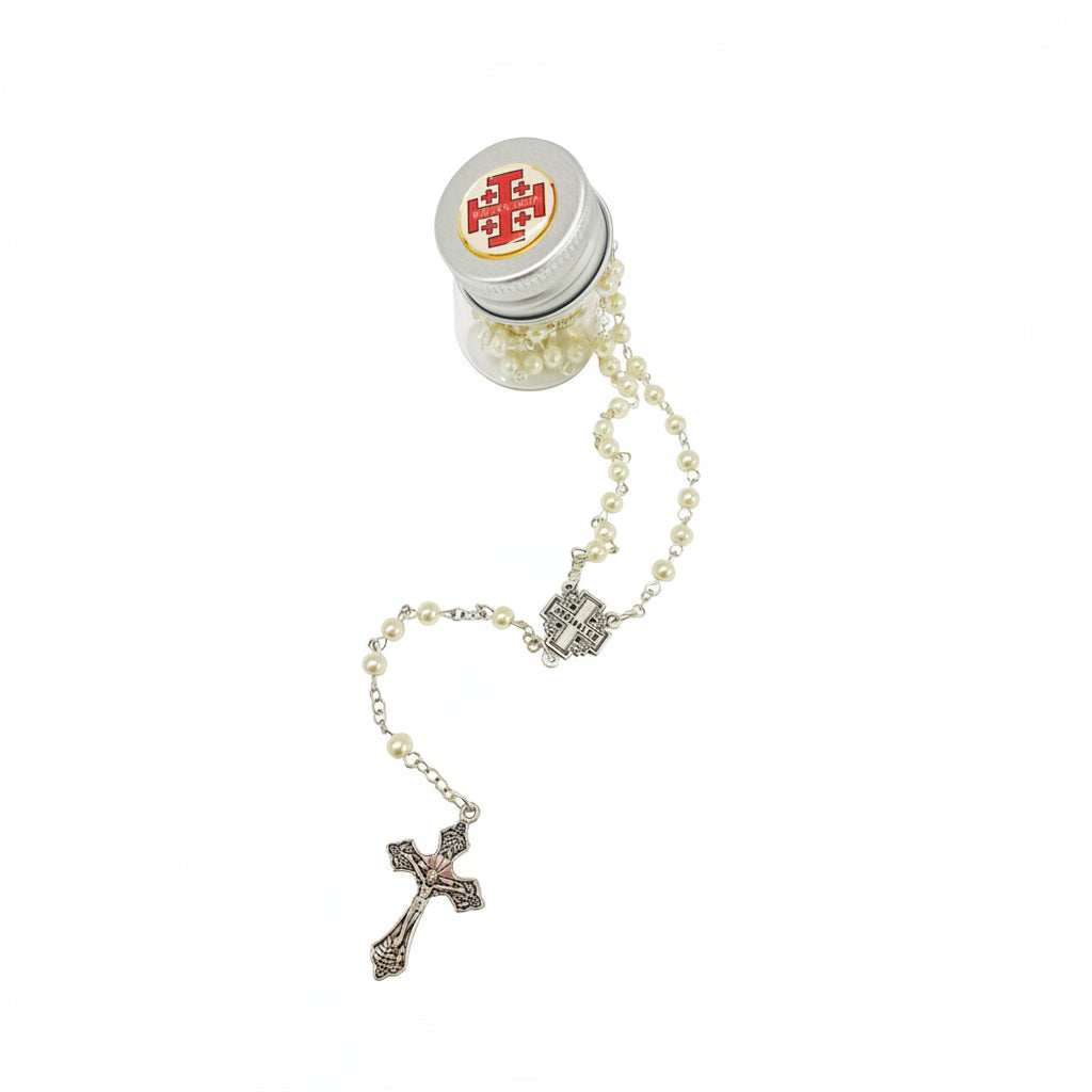 Jerusalem Cross pearl glass rosary crucifix heart shaped gift box Holy Land - Marina Jewelry
