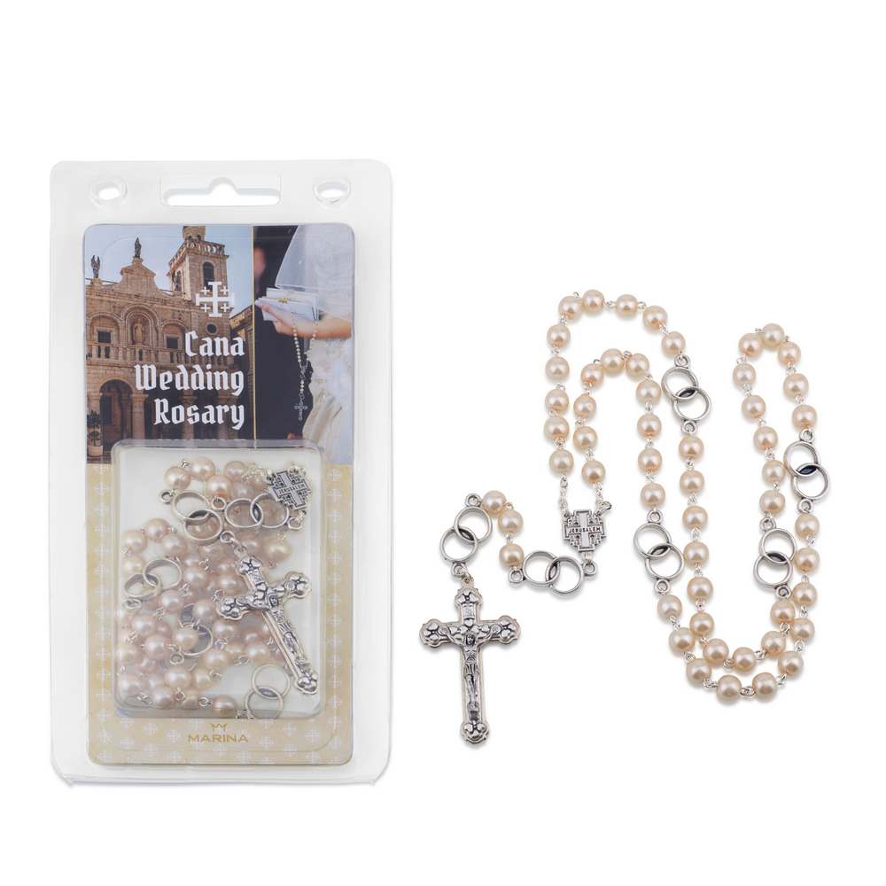 Wedding rosary imitation pearl beads Jerusalem Cross silver rings Holy Land - Marina Jewelry
