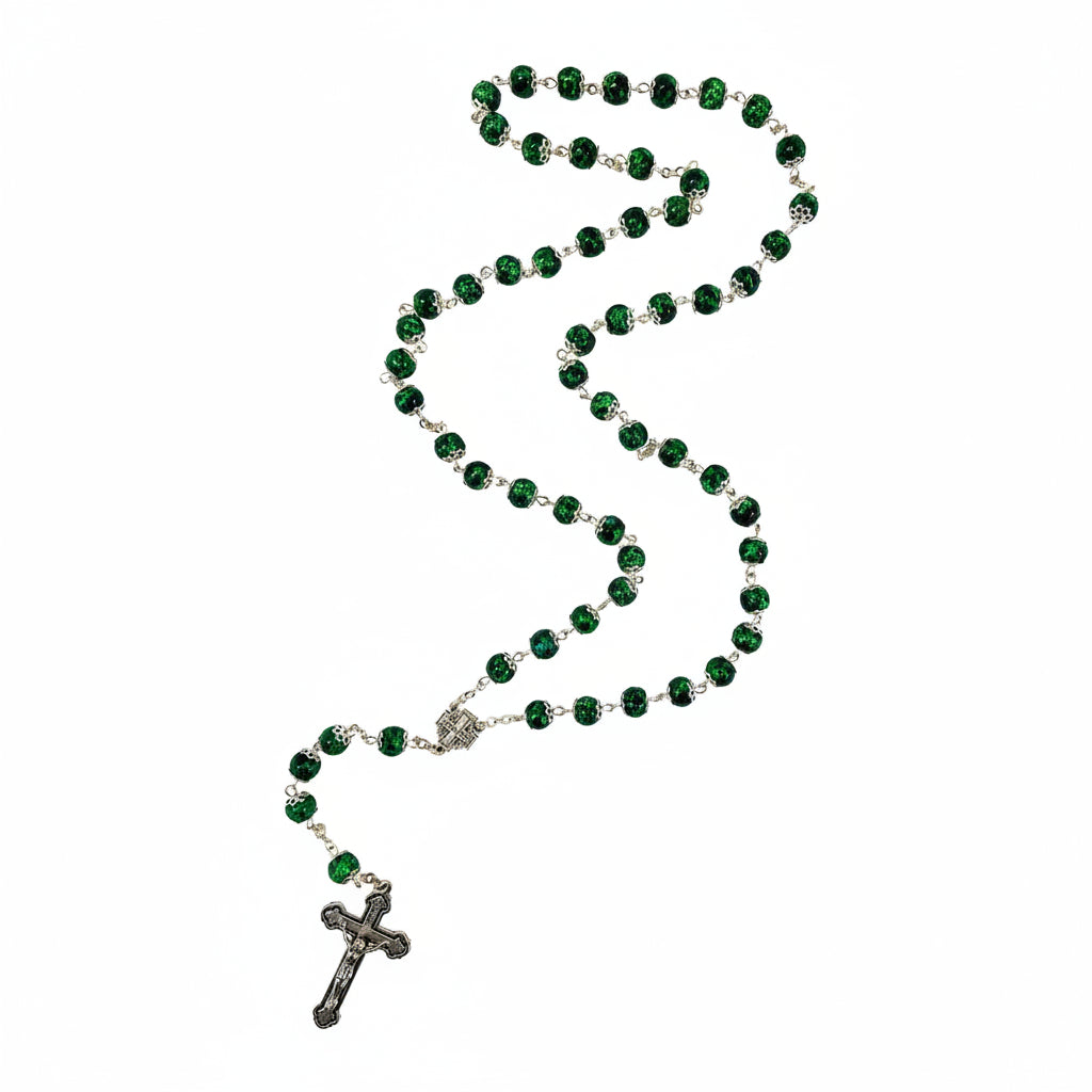 Green round bead rosary Jerusalem Cross crucifix Holy Land prayer card gift - Marina Jewelry
