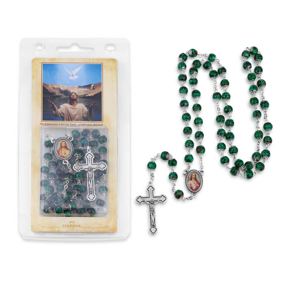 Green round capped bead rosary crucifix medallion Holy Land prayer card - Marina Jewelry