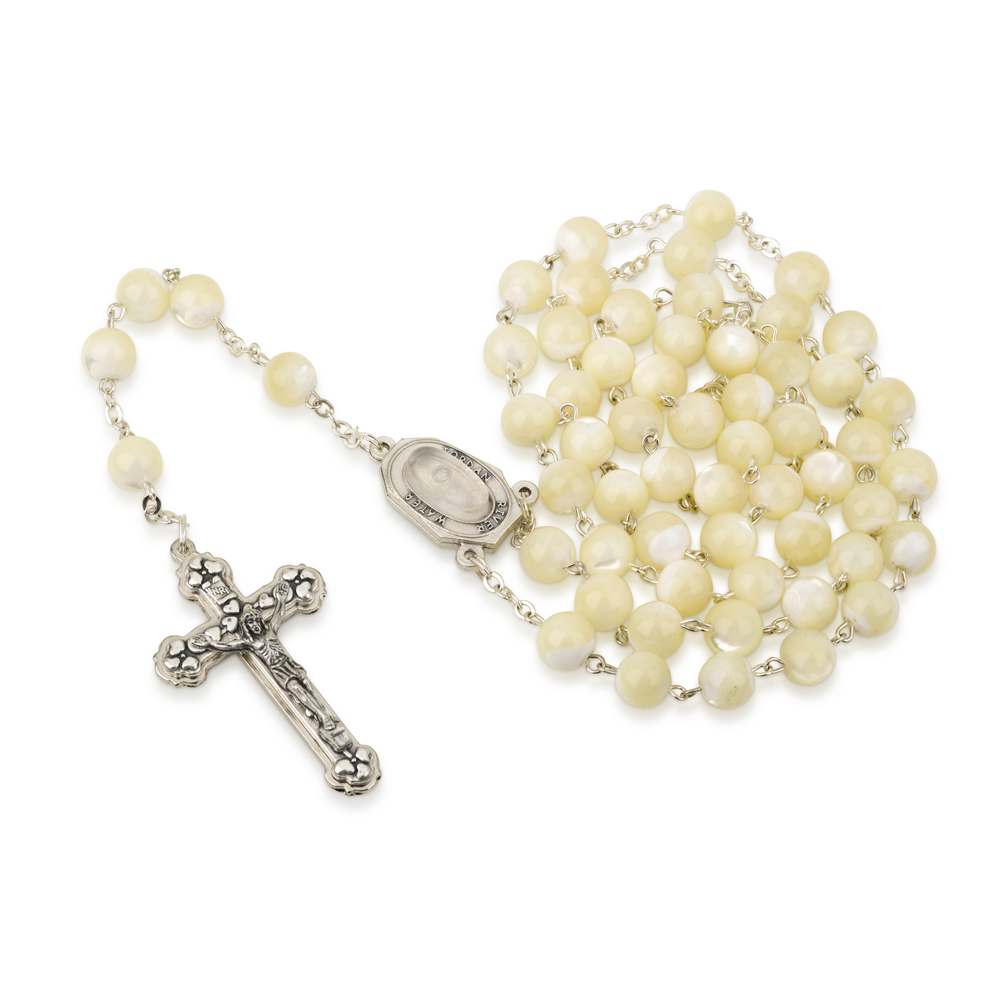 Mother of Pearl Glass Rosary with Crucifix — Holy Land Prayer Set — Marina Jewelry Holy Land