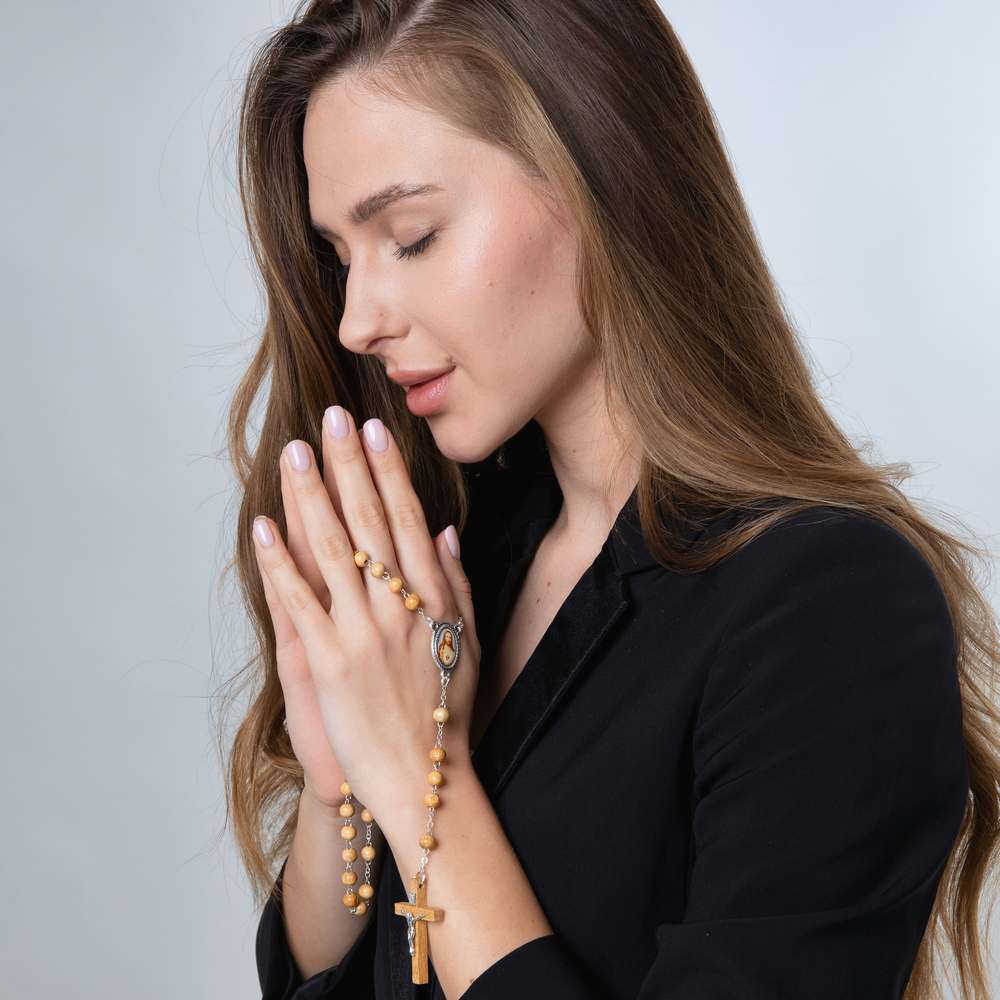 Olive wood rosary crucifix close-up — Marina Jewelry