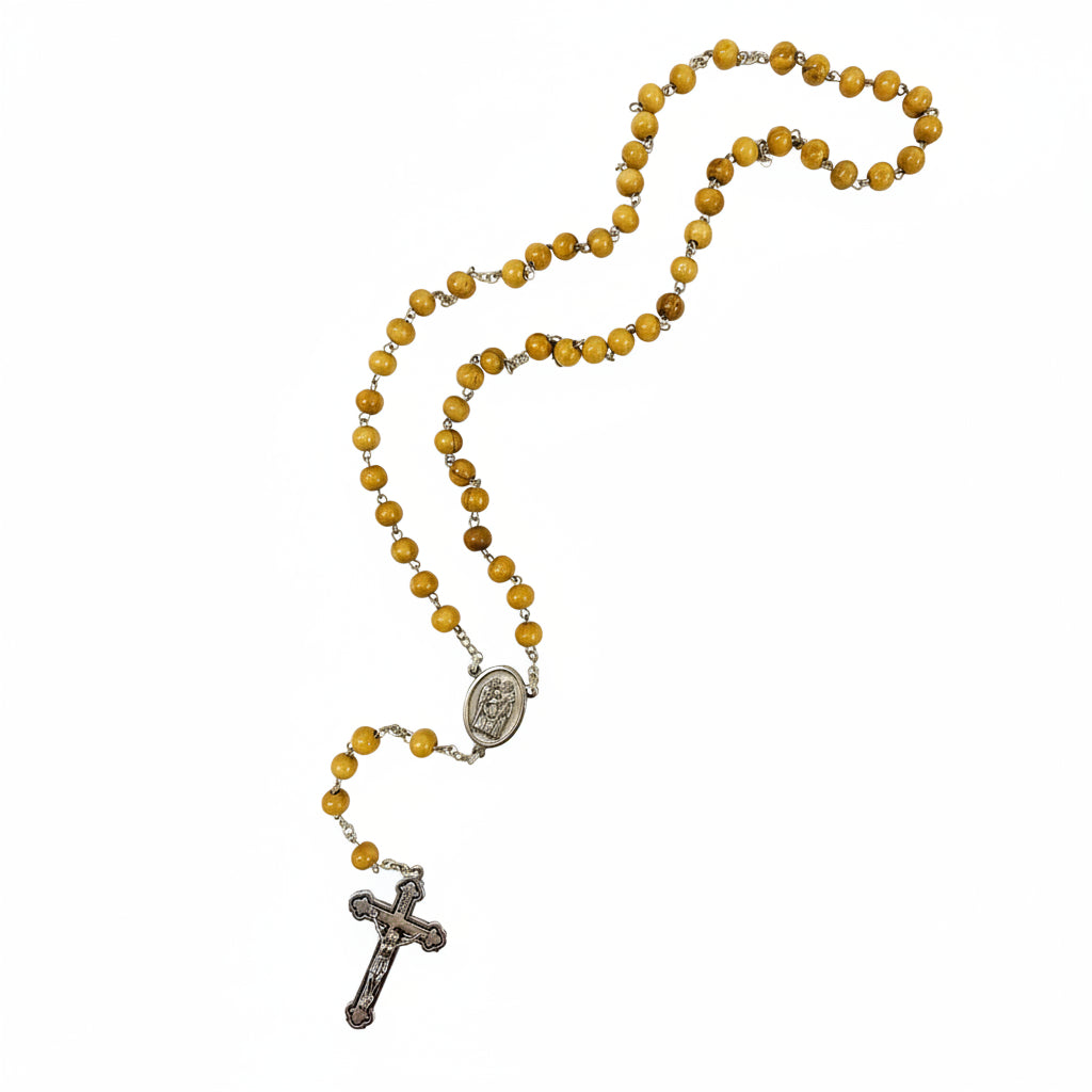Olive smooth wood bead rosary medallion crucifix Holy Land prayer card - Marina Jewelry