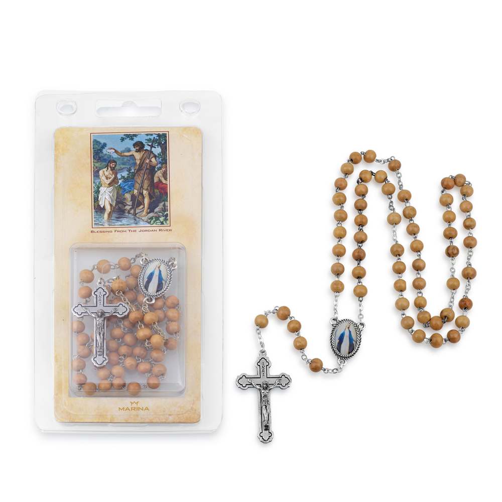 Olive wood bead rosary medallion crucifix Holy Land prayer card - Marina Jewelry