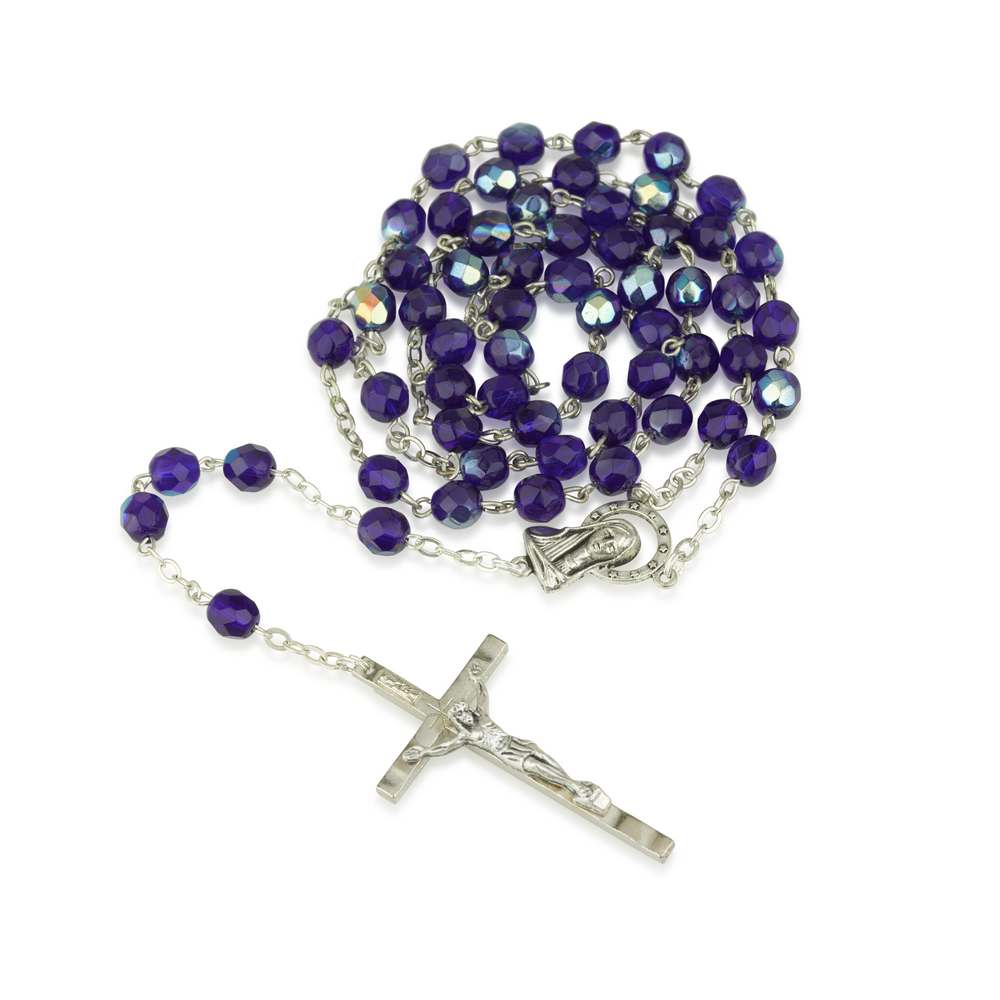 Blue faceted Aurora Borealis rosary crucifix Mary charm Holy Land - Marina Jewelry