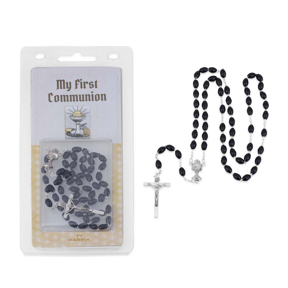 Black olive wood bead rosary crucifix First Communion Holy Land - Marina Jewelry